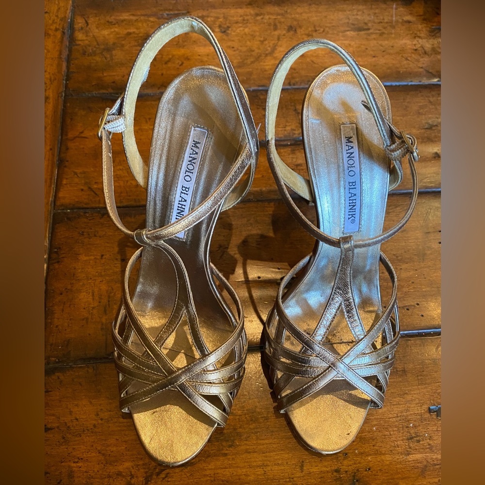 Gold Manolo Blahnik slingback open toe heels